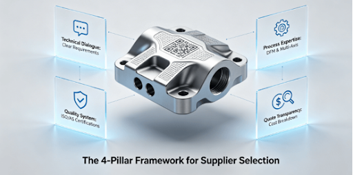 A 3D infographic showing a precision machined part being evaluated by four glowing pillars representing Technical Dialogue, Process Expertise, Quality Systems, and Quote Transparency.
