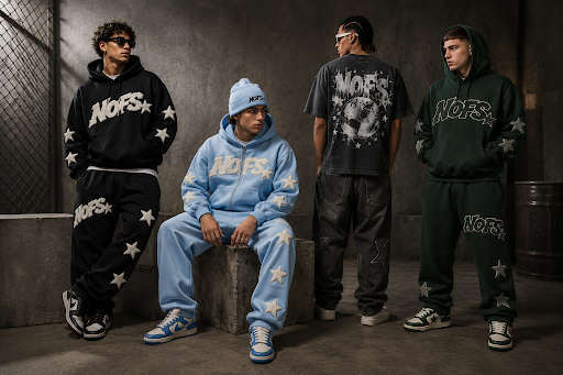 Folded NOFS baby blue tone-on-tone hoodie stacked beside a black NOFS pullover on a wooden shelf.