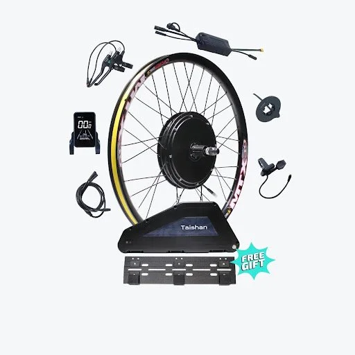 KirbEbike 48V 1000W rear hub conversion kit laid out with motor wheel, controller, display, harness and battery