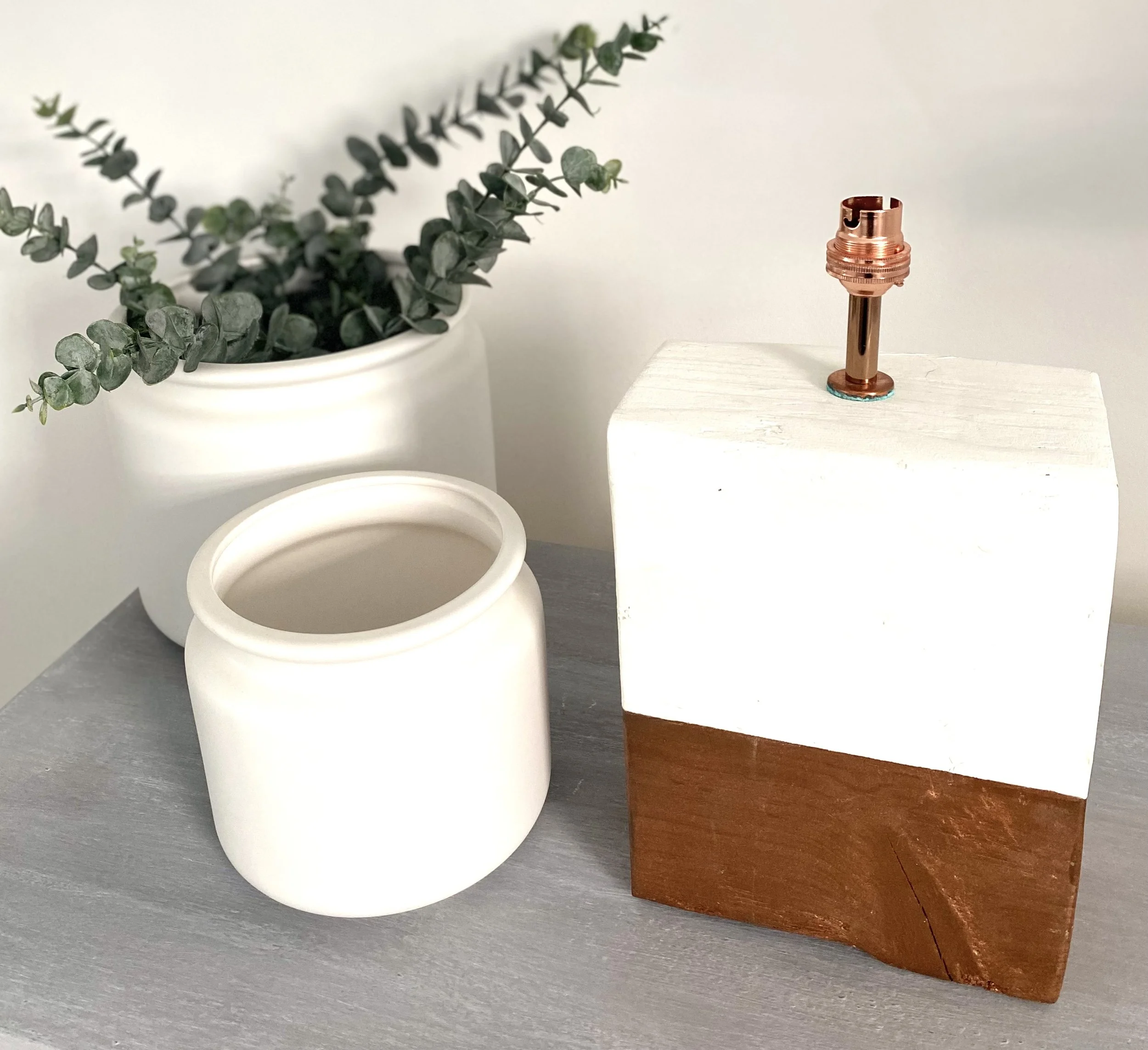 Reclaimed Timber Lamp Base. Copper & White