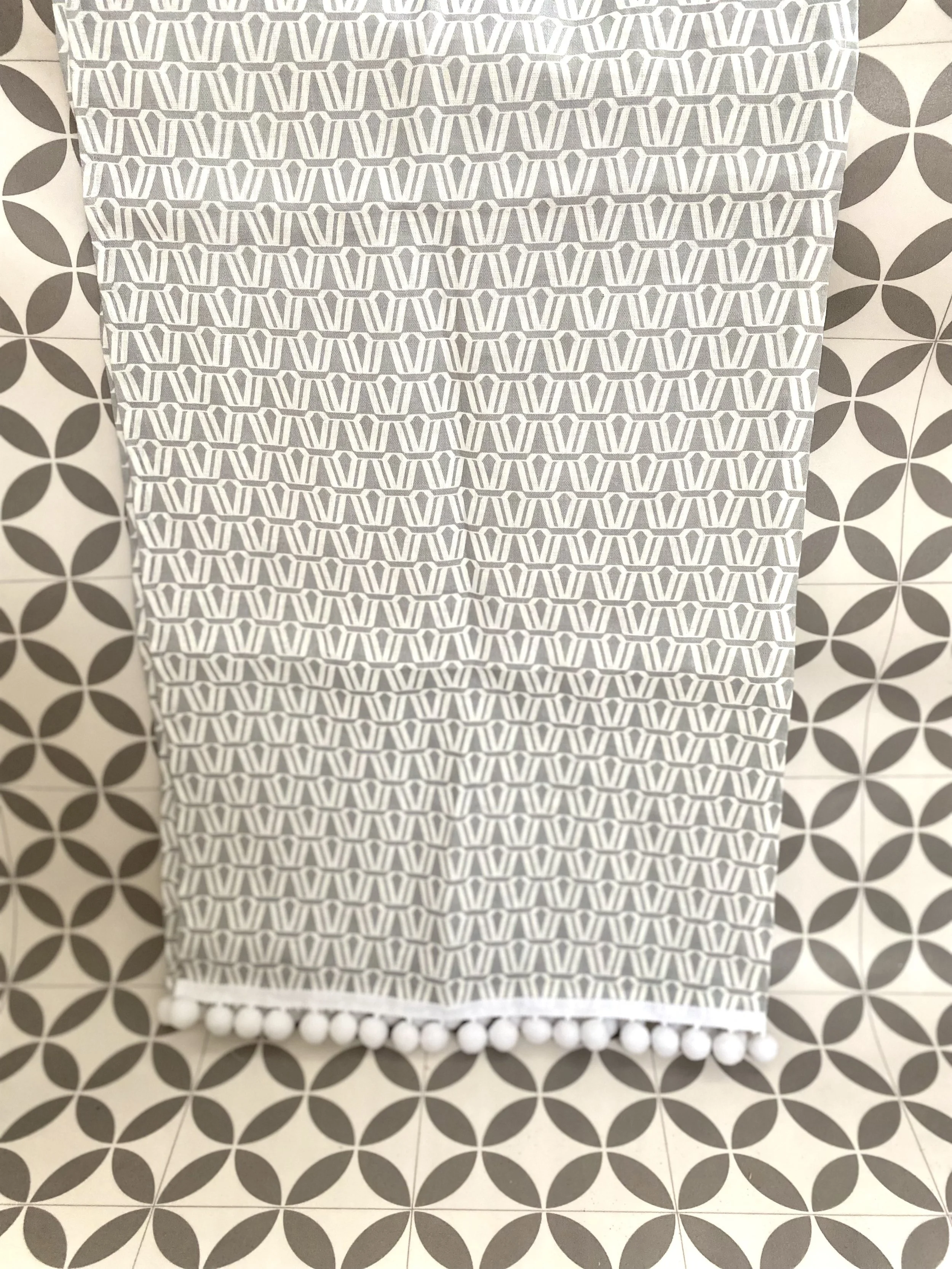 Linen Table Runner. Grey with White Pom Pom Trim