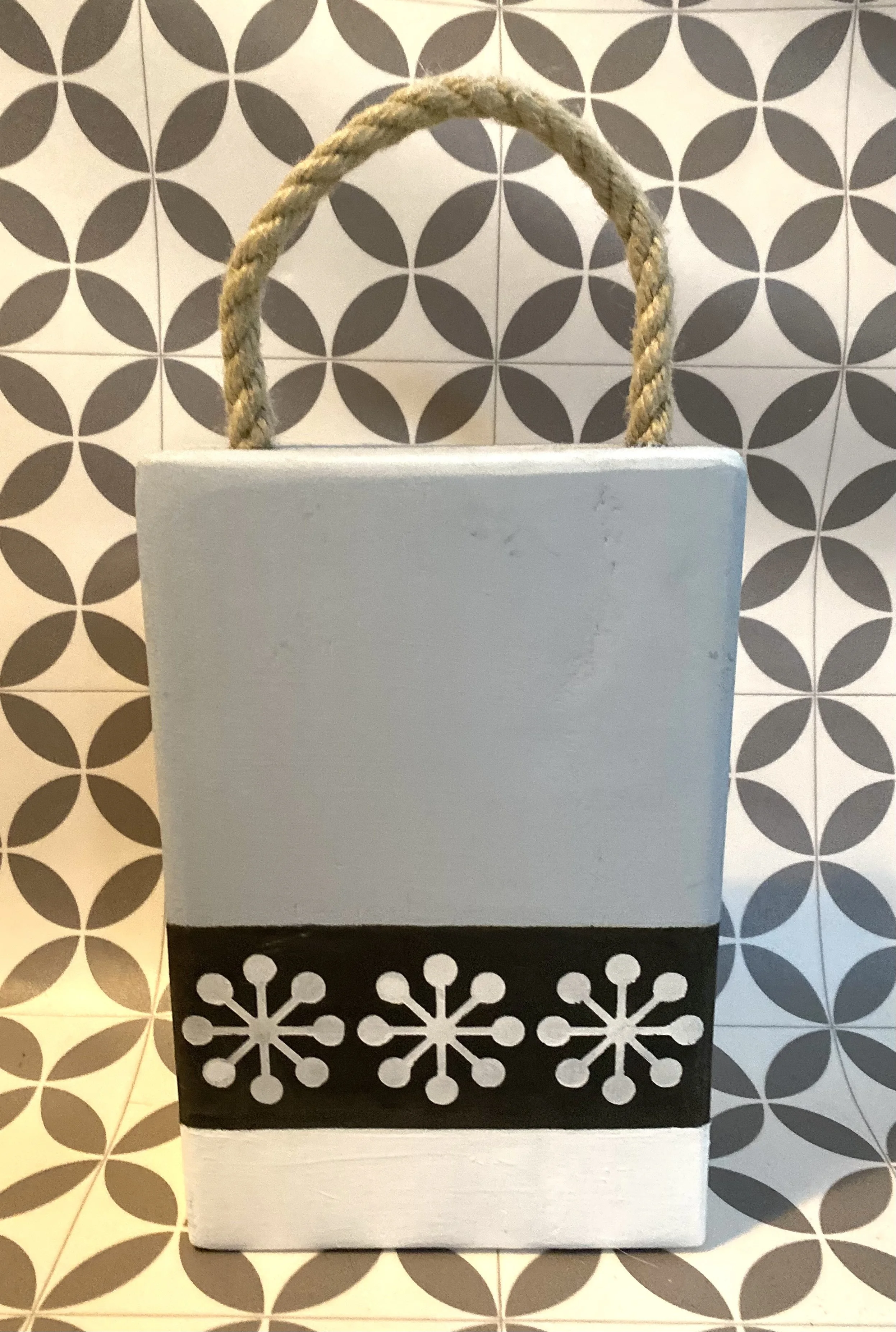 Reclaimed Timber Doorstop. Blue and White with Graphite Band