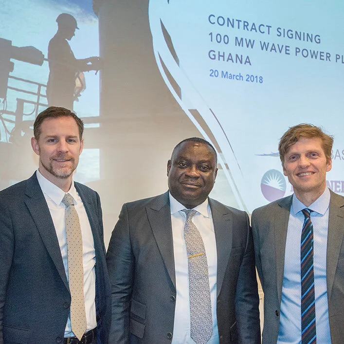 Ocean Energy Europe CEO Rémi Gruet together with TC's Energy CEO Anthony Opoku and Seabased CEO Oivind Magnussen