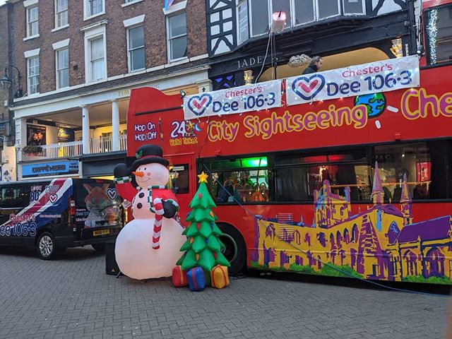 So I'm walking through Chester and @Dee1063  are broadcasting to Chester folk from this double decker about Christmas... Then they start talking about donations for Ellesmere Port Christmas Dinners for care leavers. I am so proud that our Christmas D