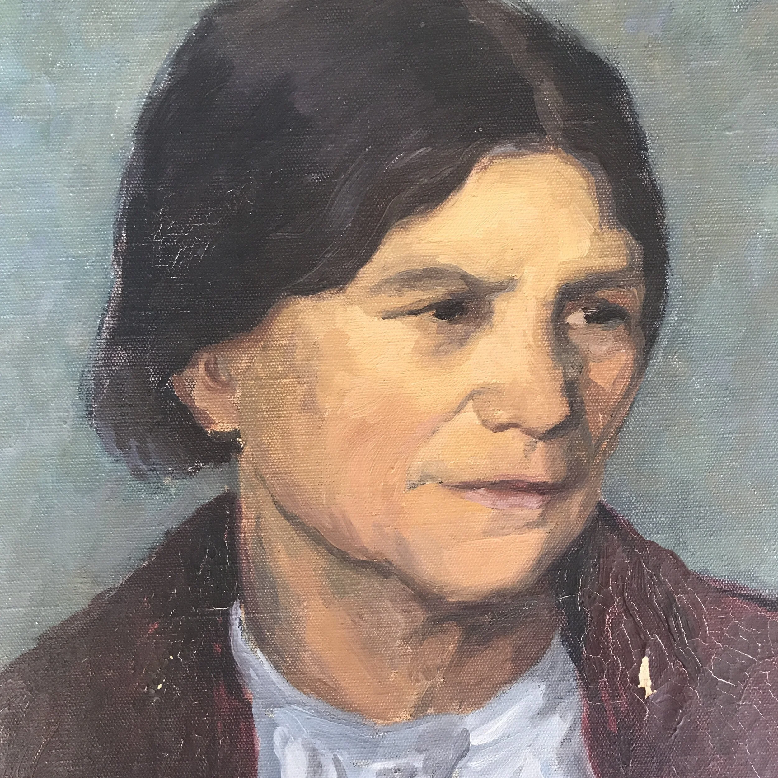 Portrait painting of lady in red coat