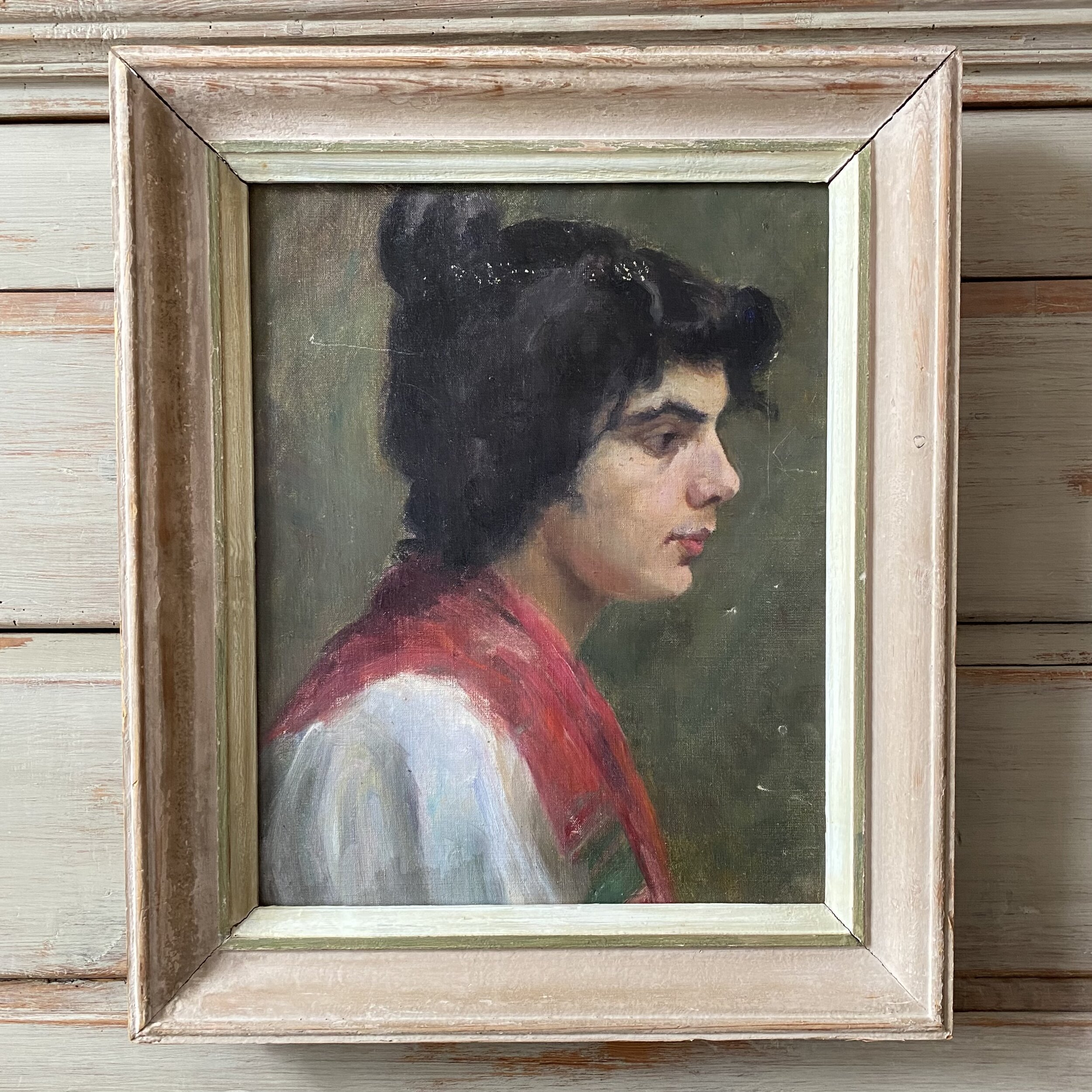 Woman in red shawl