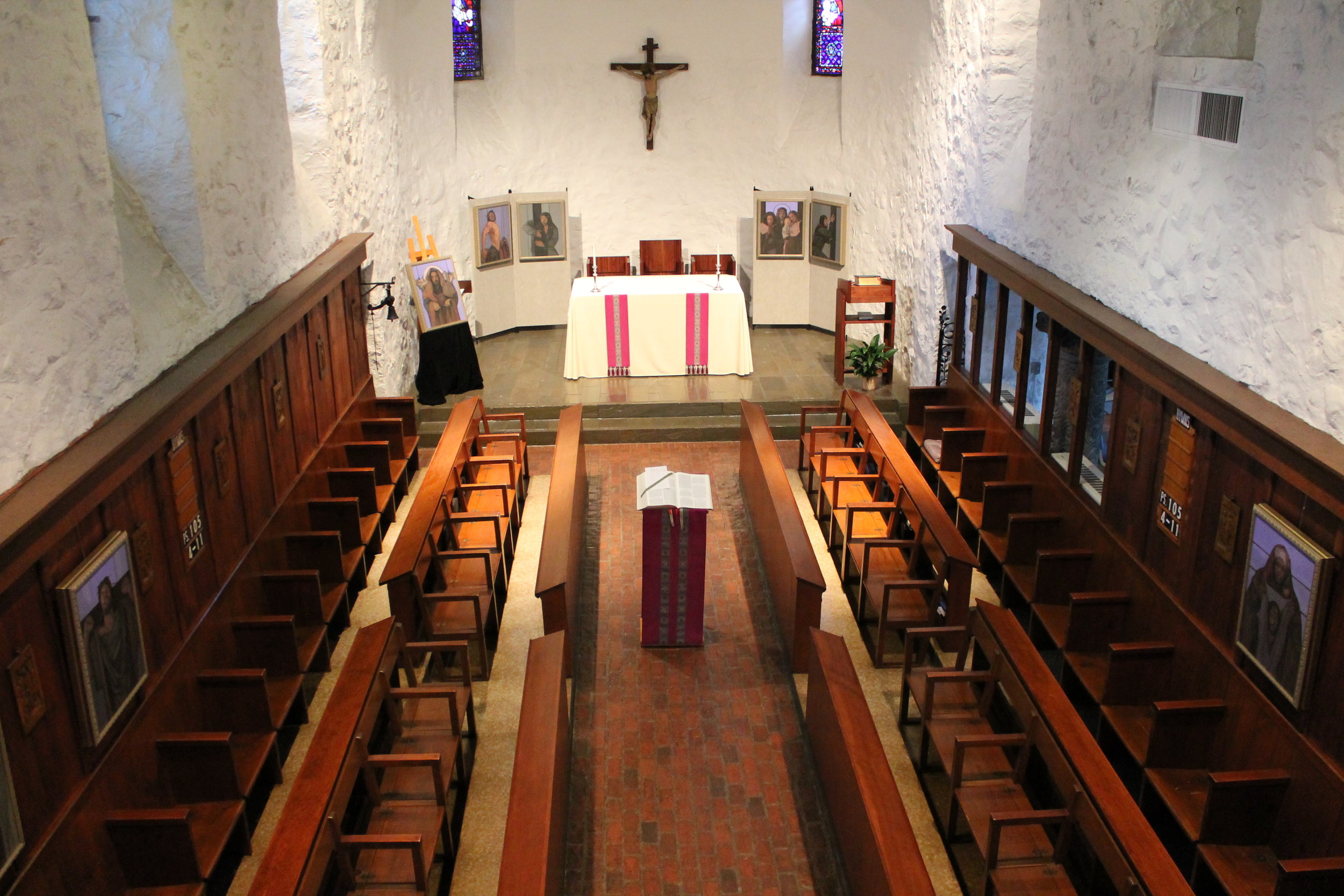 Chapel with Exhibit of Stations by Janet McKenzie.JPG