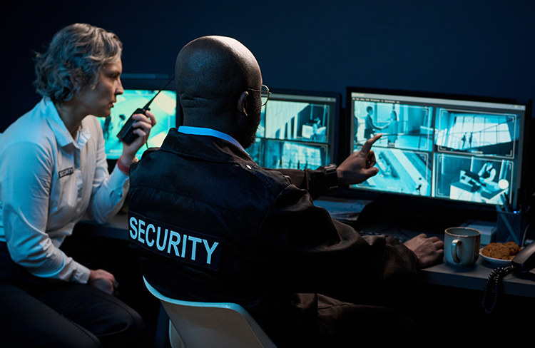 Security professional monitoring surveillance cameras.