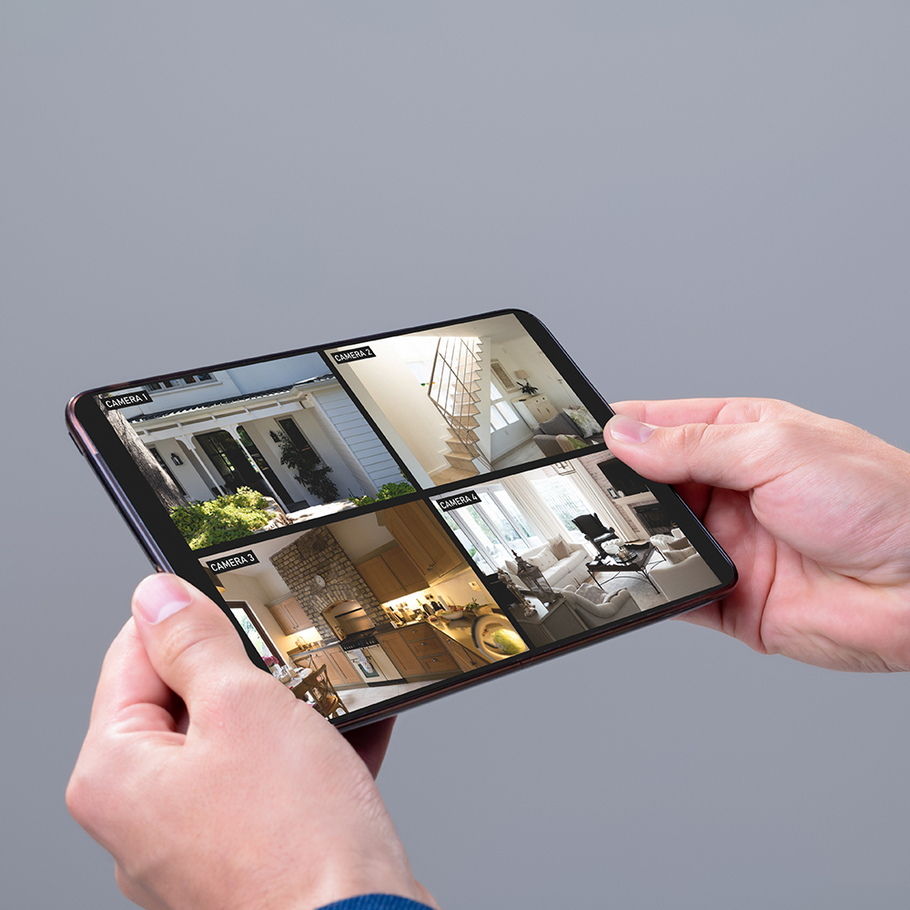 Security camera feeds viewed on a tablet.