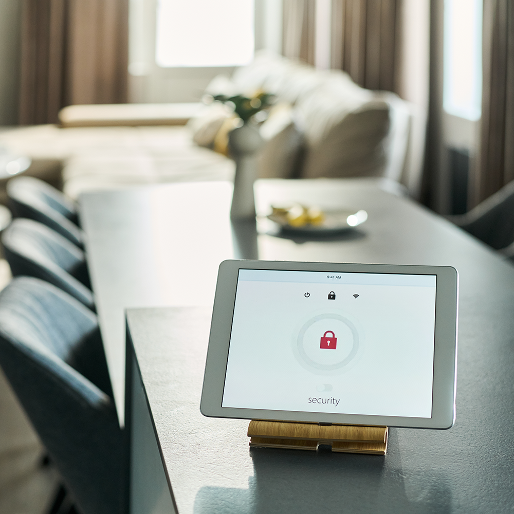 Home security system controlled from a touchscreen panel.