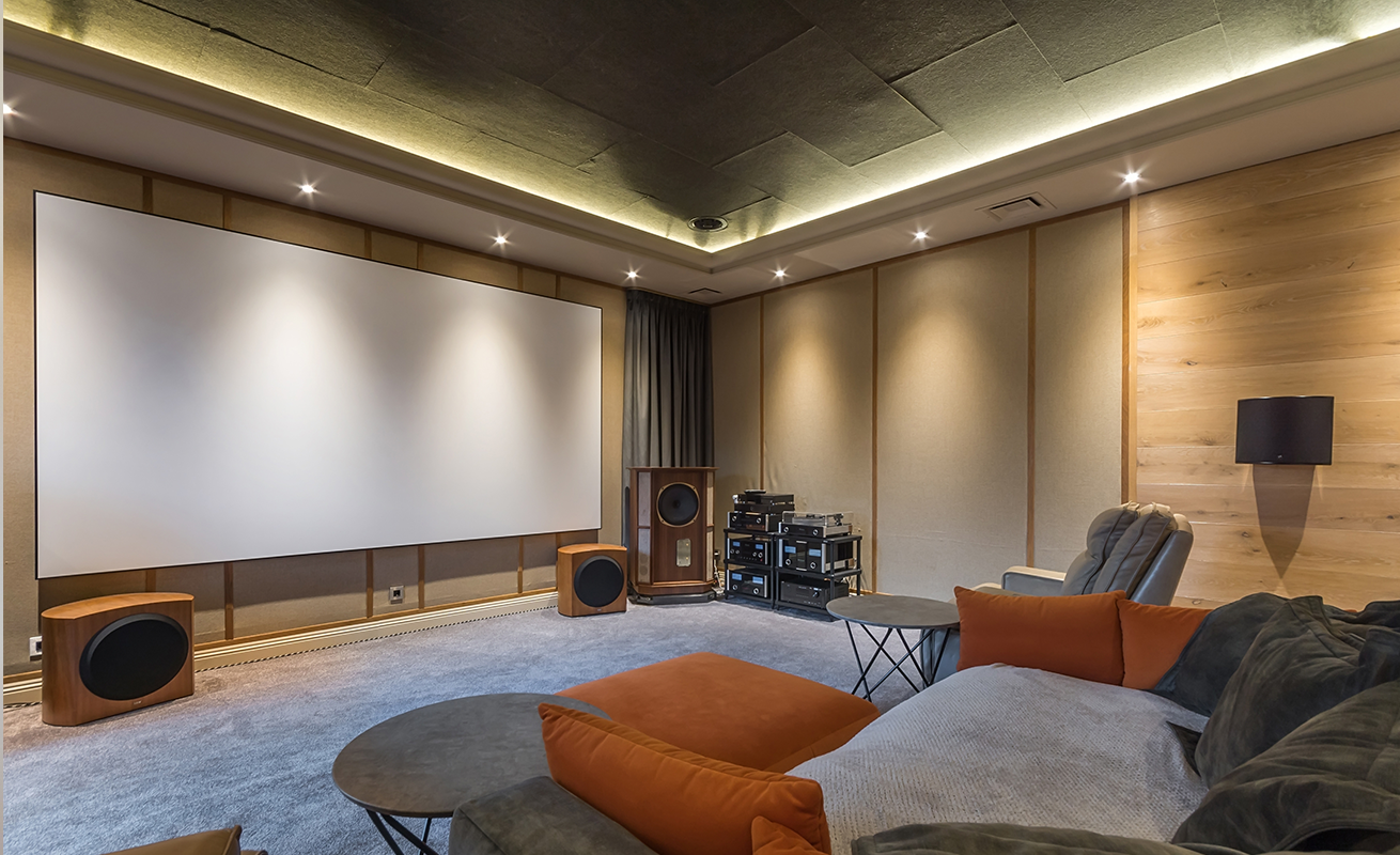 Modern home theater with projection screen.