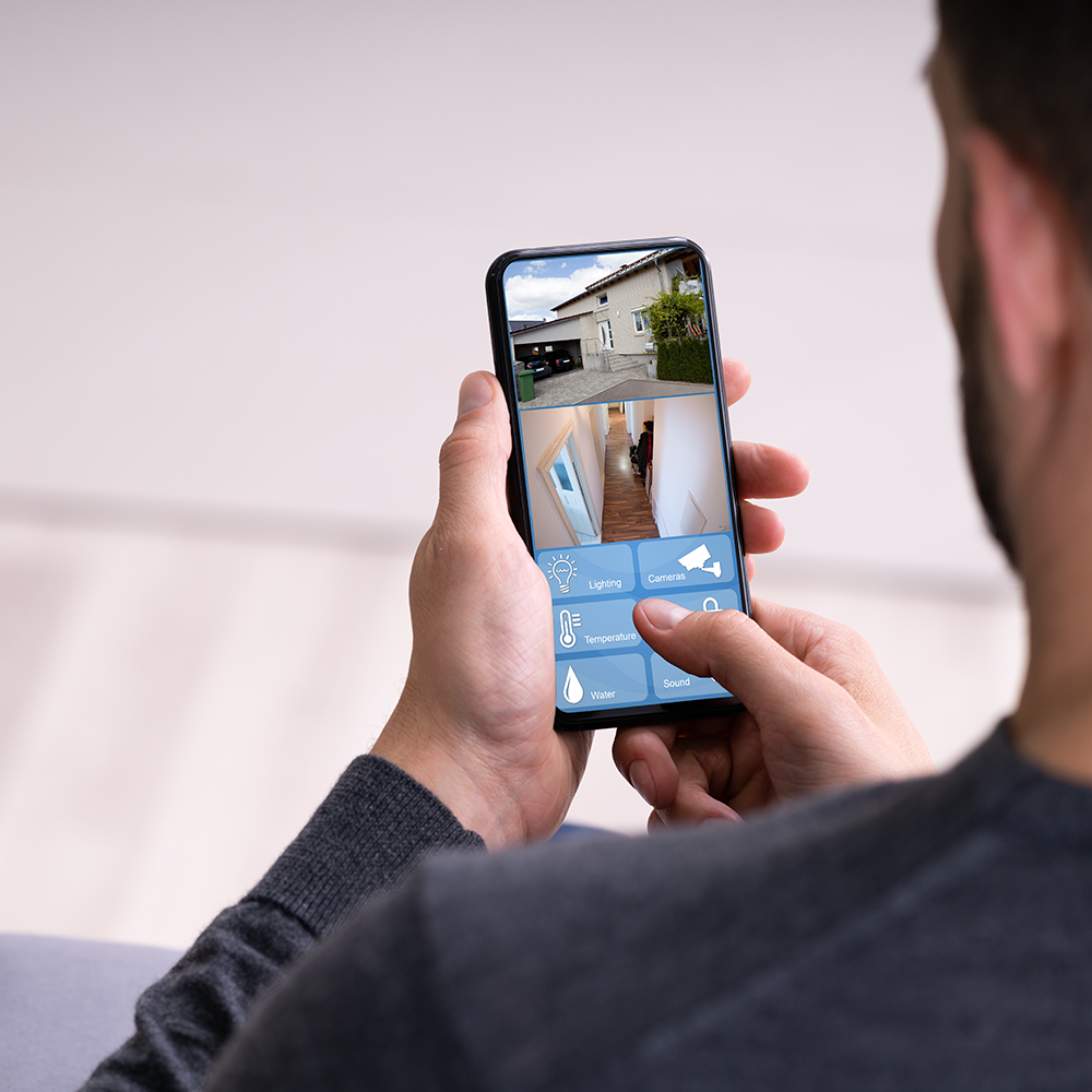Viewing a home camera feed from a smartphone.