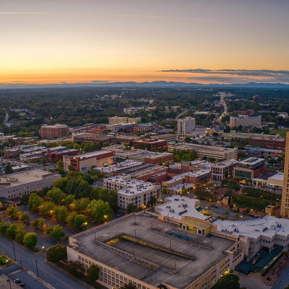Aerial view of Spartanburg and surrounding Upstate communities.