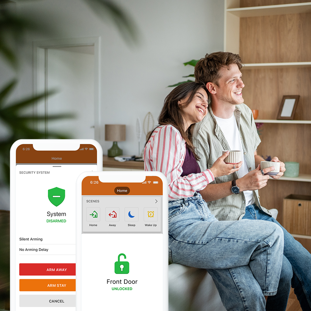 Couple using a smart home security app to control their alarm system and front door in Greenville, SC
