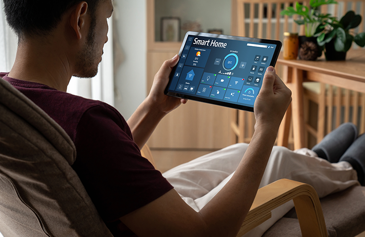 Integrated smart home controls managed from a tablet.