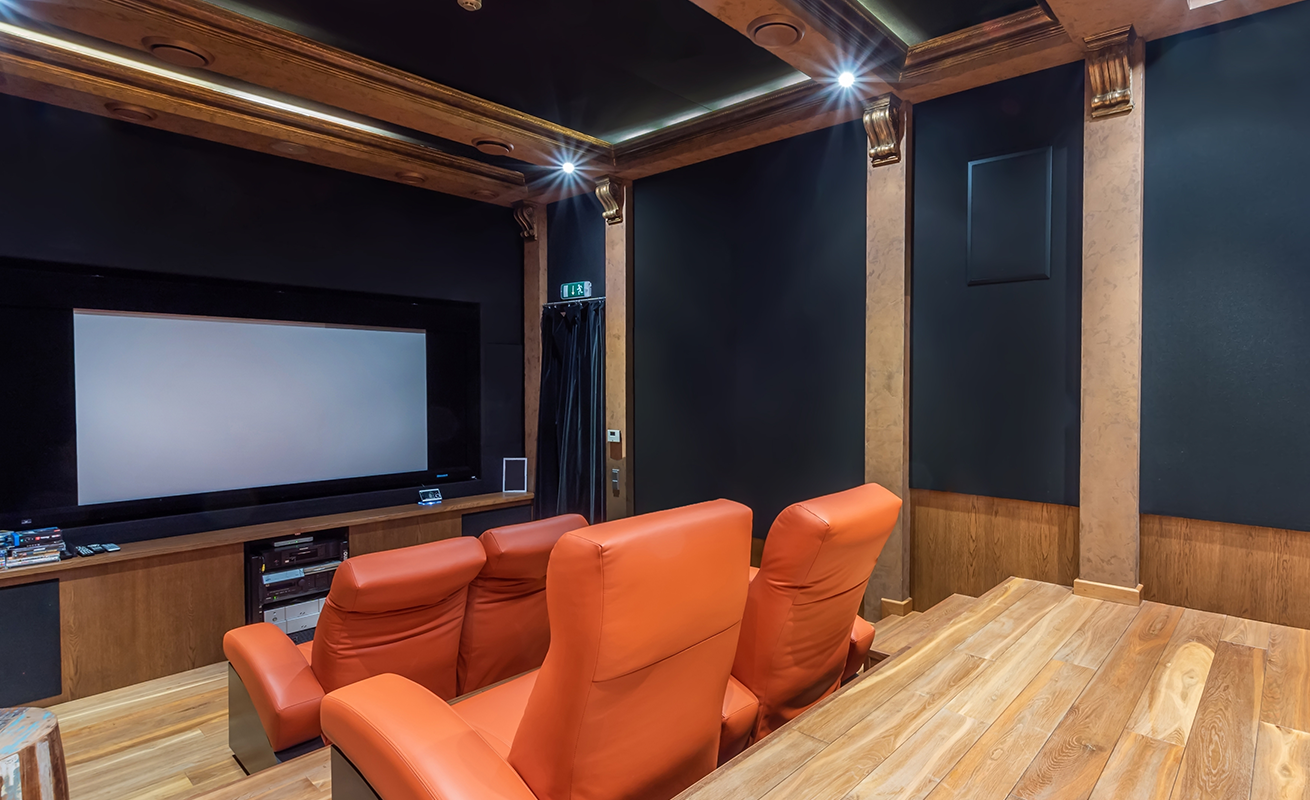 Home theater with large projection screen.