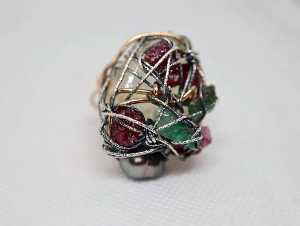 Gemstone and Tahitian Pearl Cluster Ring 