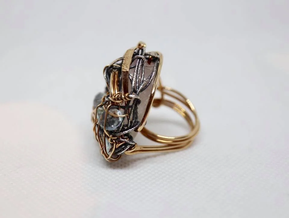 Kunzite and Aquamarine Wirework Ring 