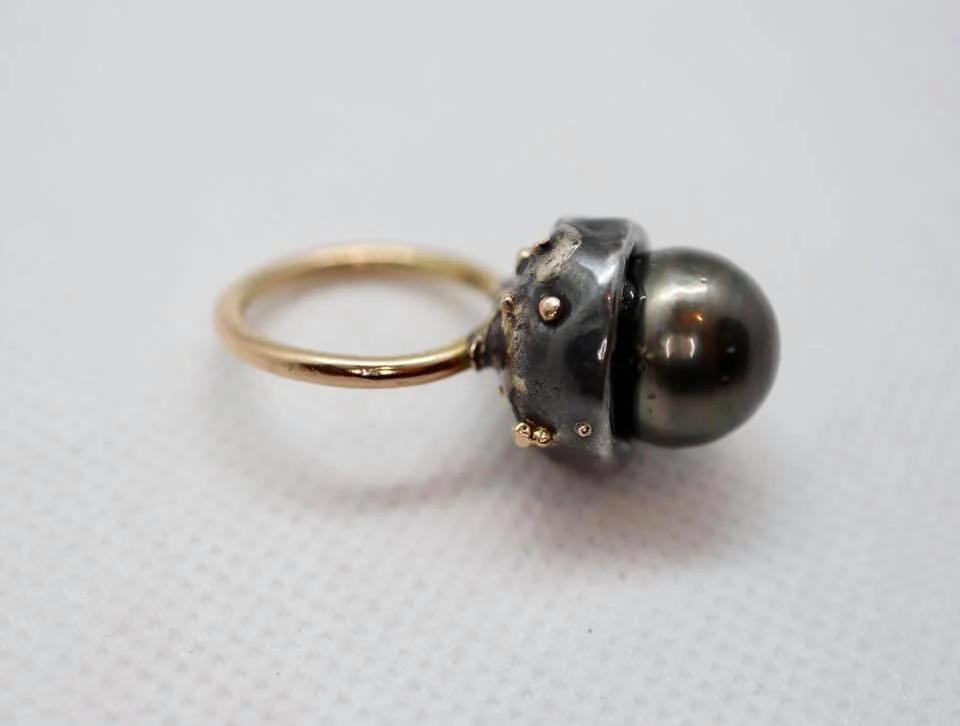 Oxidized Tahitian Pearl Ring 