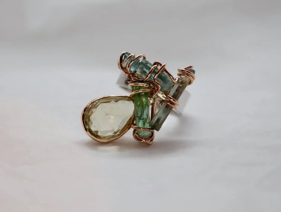 Green Amethyst and Tourmaline Cluster Ring