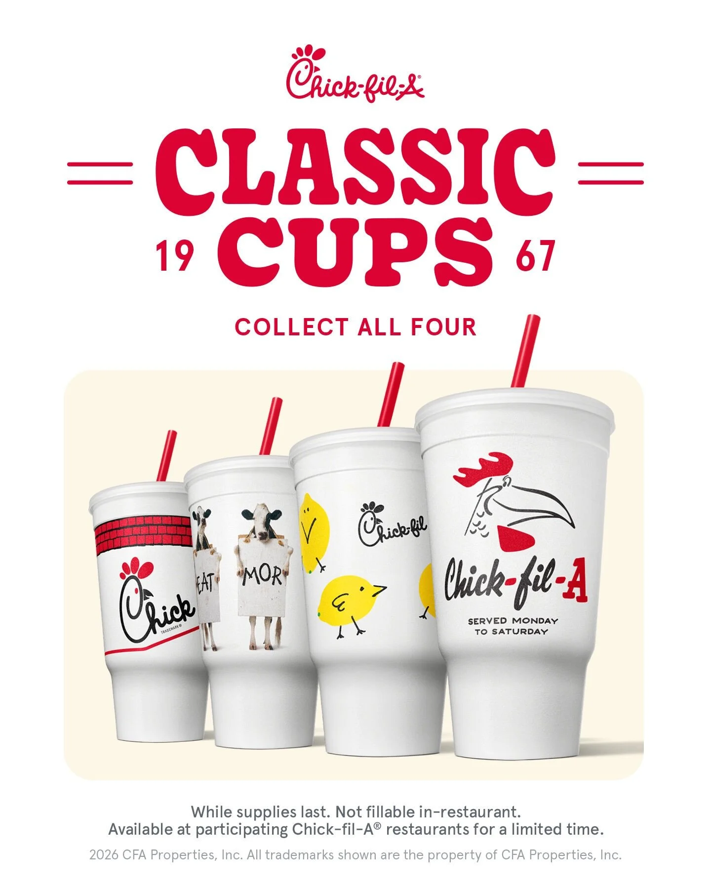 Raise a cup to retro! 🥤✨
We&rsquo;re rolling out reusable cups all winter, inspired by our past. And we&rsquo;d love to share a piece of Chick-fil-A history with you! ❤️ Stop by every few weeks for the drop of a new, limited-edition reusable cup, fe