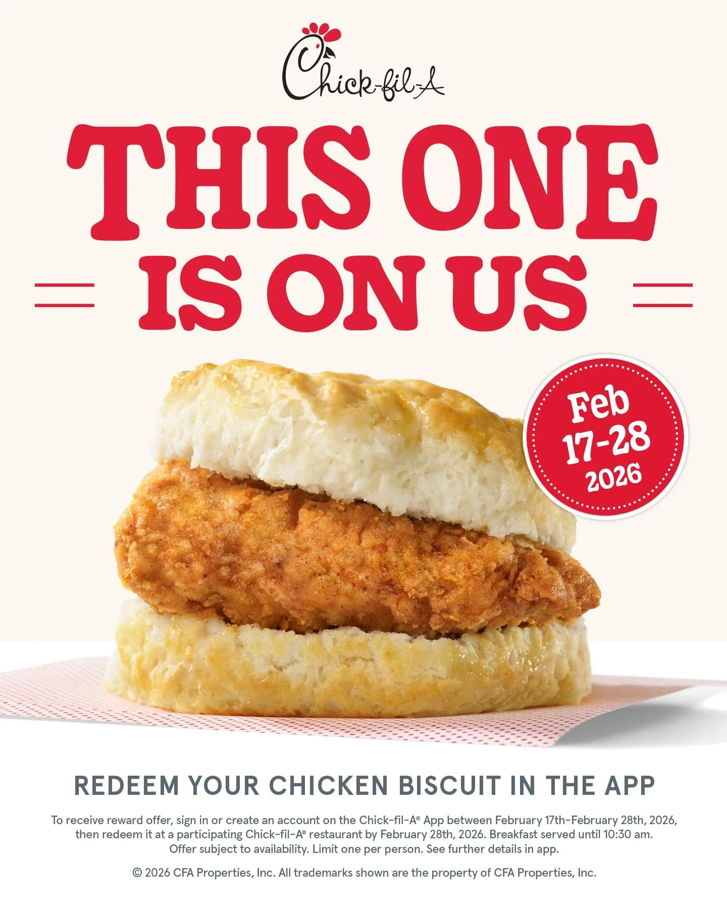 Set your alarm to chicken o&rsquo;clock &amp; have your Chick-fil-A App ready! 🐔⏰ The National Chicken Biscuit Giveaway begins Tuesday, Feb. 17 through Feb. 28. Chick-fil-A One&reg; Members will receive a reward for a free Chicken Biscuit, redeemabl