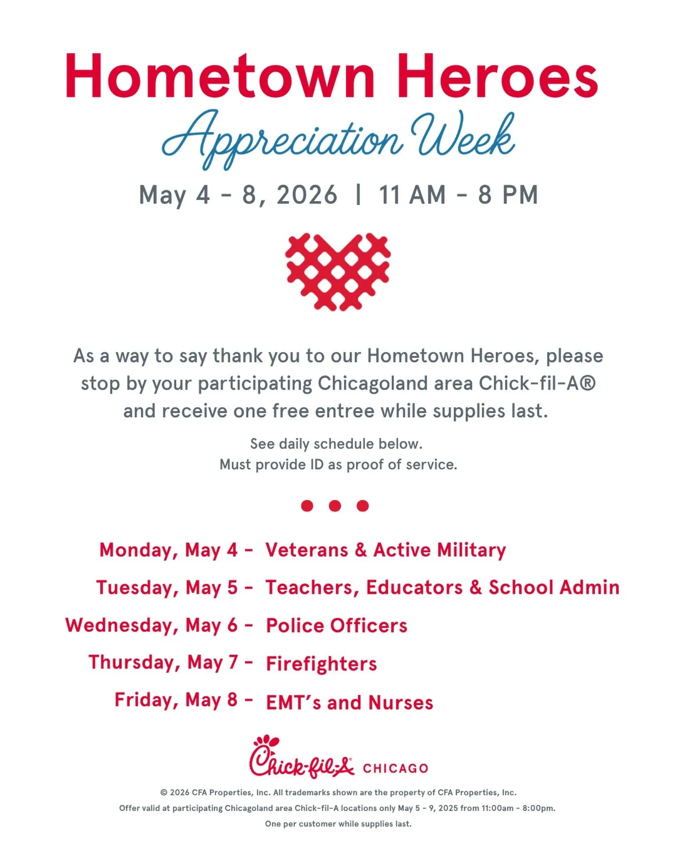 We&rsquo;re honored to serve our Hometown Heroes next week! &hearts;️ From Monday, May 4th through Friday, May 8th, come in on your respective day with a valid ID &amp; receive a free entree! 

&bull; Valid from 11am - 8pm
&bull; Only at participatin