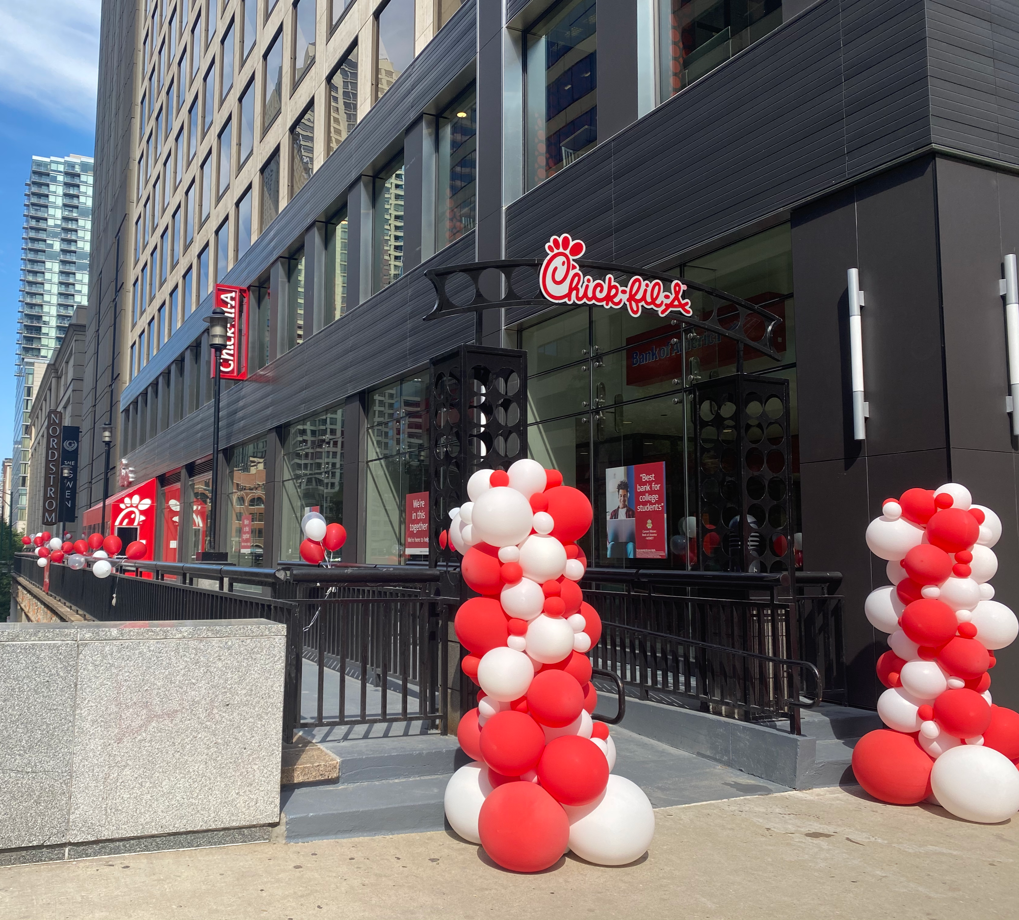Chick-fil-A Michigan Avenue building with red and white balloons