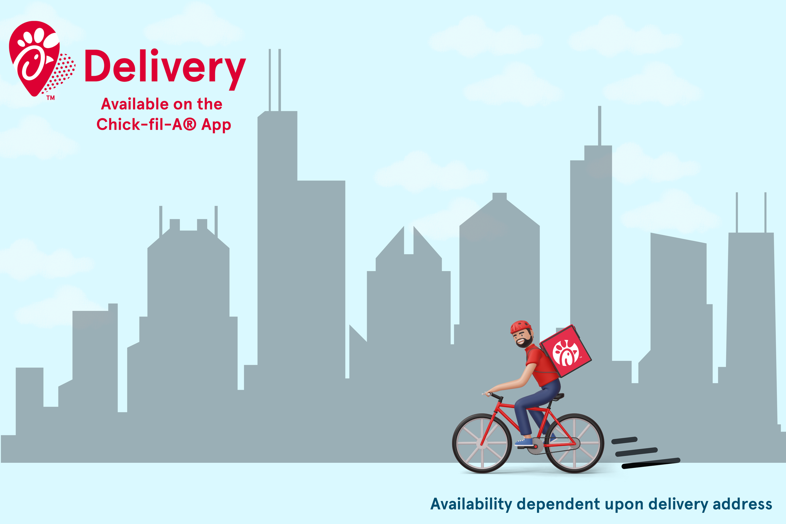 Chick-fil-A Delivery ad with Chicago skyline and bike delivery rider