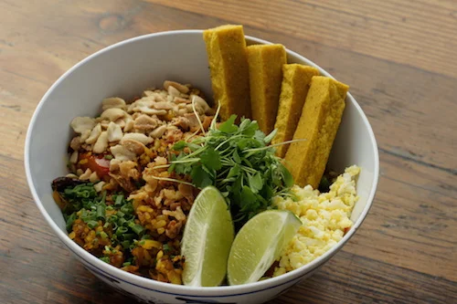 Burmese Fried Rice (vegan when hard boiled egg omitted)