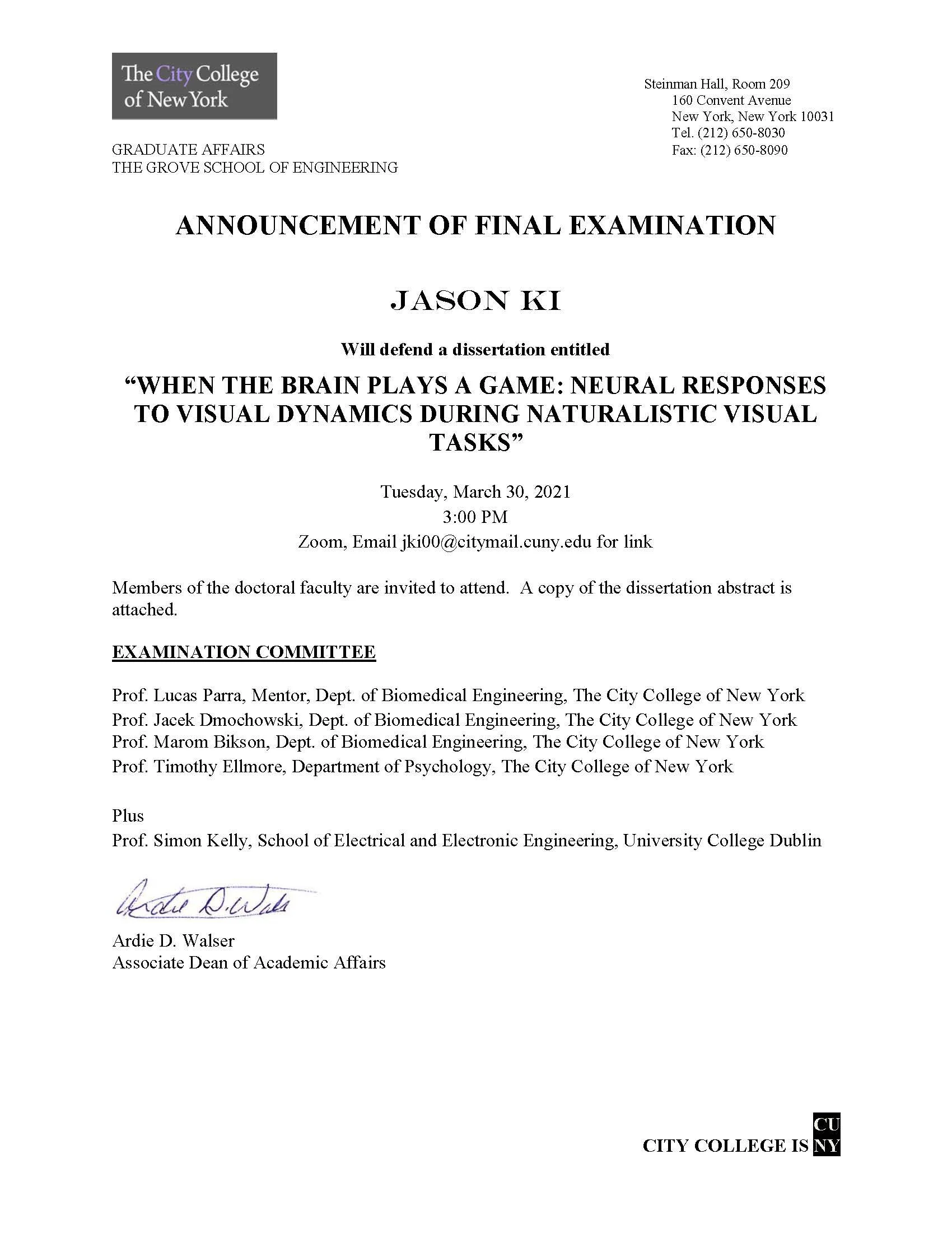 PhD Student Jason Ki defends his dissertation - Tuesday March 30, 2021