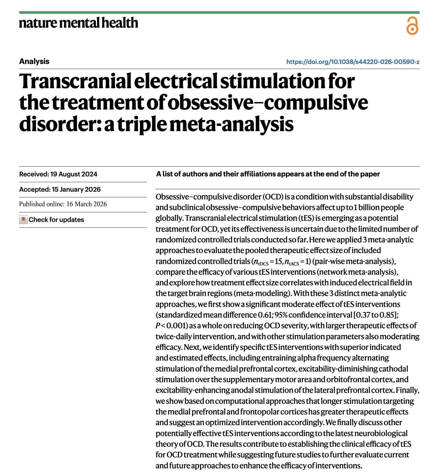 New paper: Nature Mental Health review on tES for OCD