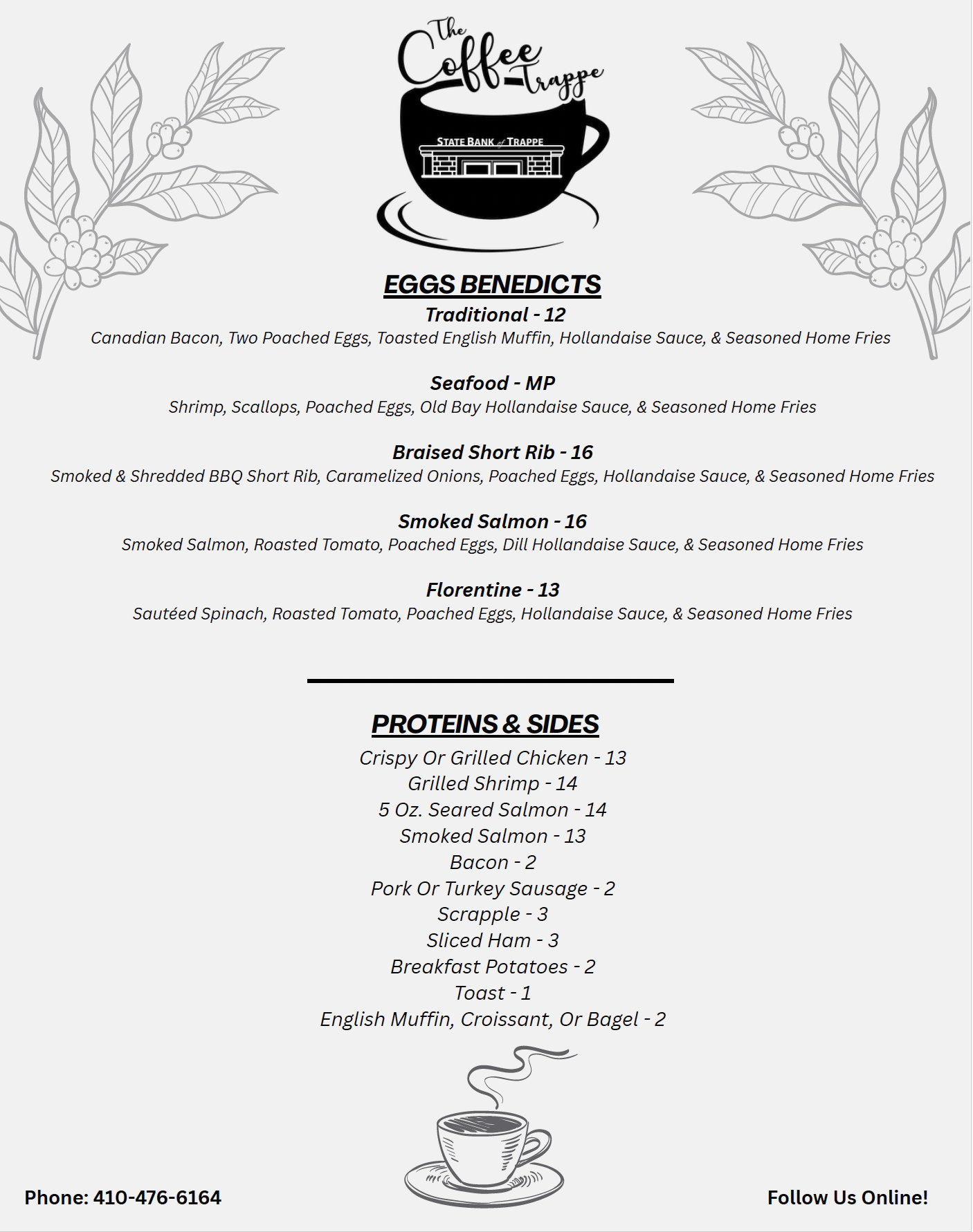Coffee Trappe fall Eggs Benedict menu