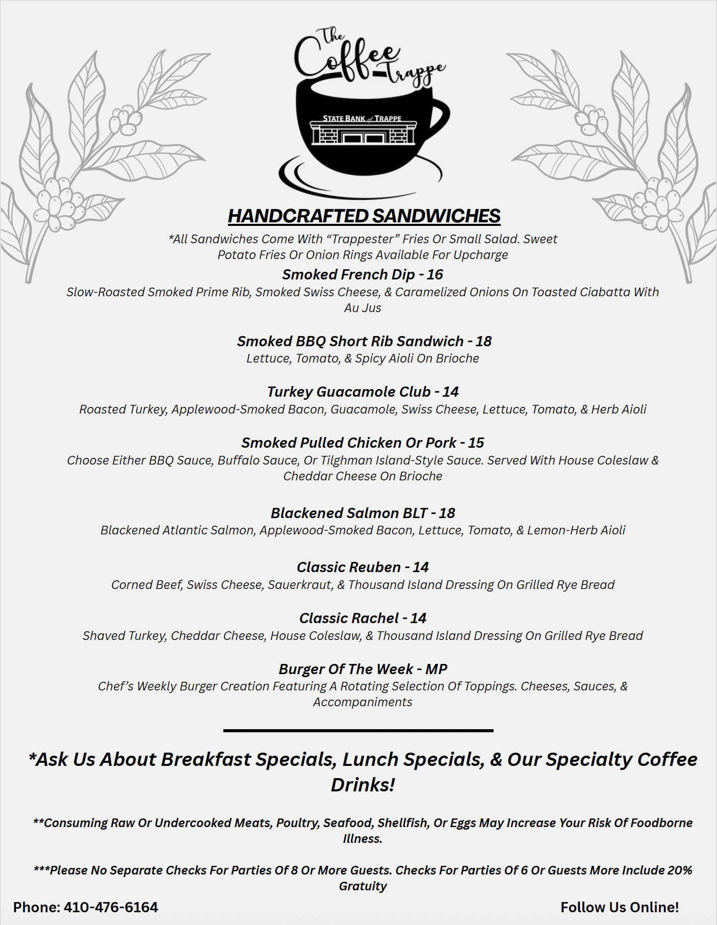 Coffee Trappe fall sandwich menu