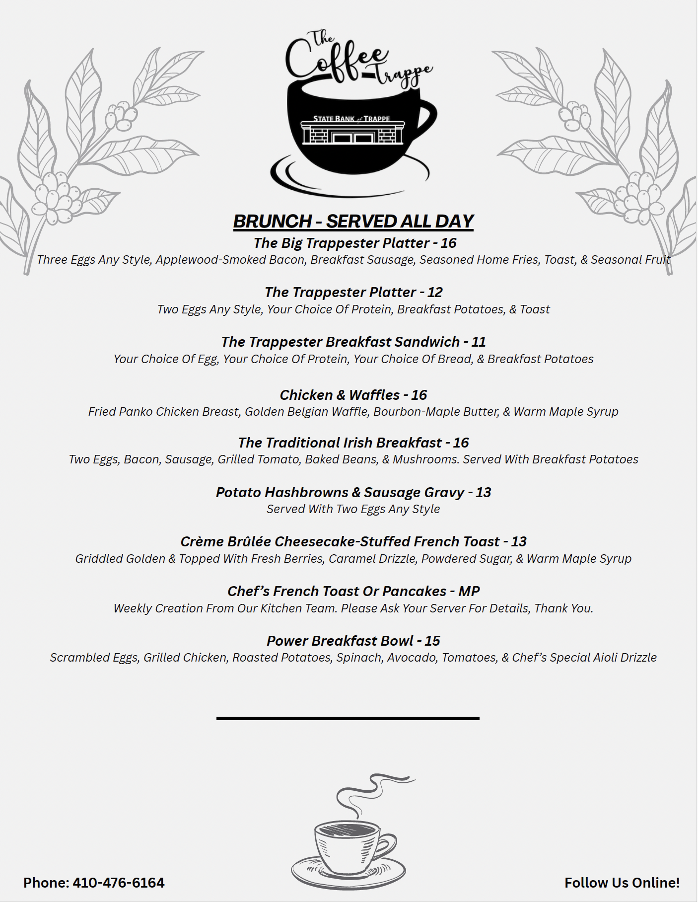 Coffee Trappe fall brunch menu