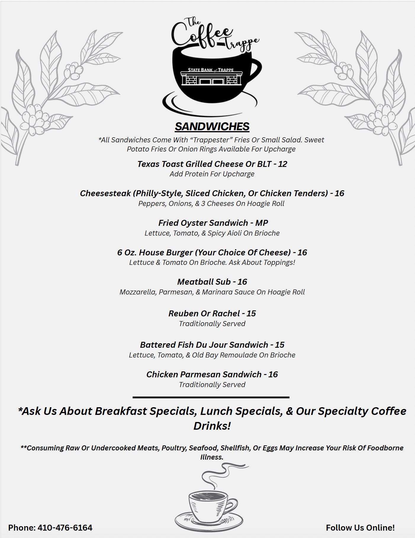 Coffee Trappe sandwich menu