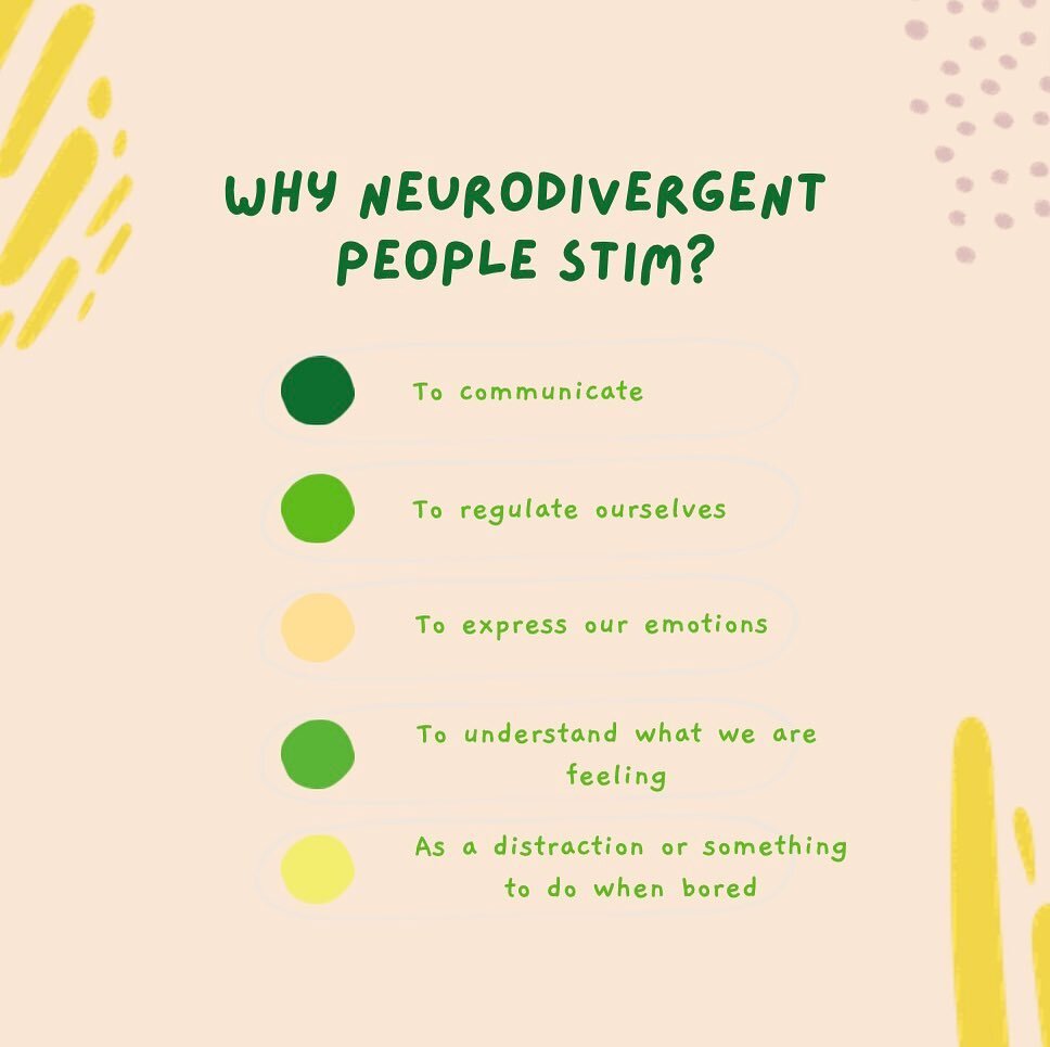 #HAVIThankfulthursday
&nbsp;
Here are some of the many possible reasons why neurodivergent Stim!
&nbsp;
Stimming is an important way of providing extra sensory input when it is needed especially for regulating emotions
&nbsp;

#happyvillageintl #neur