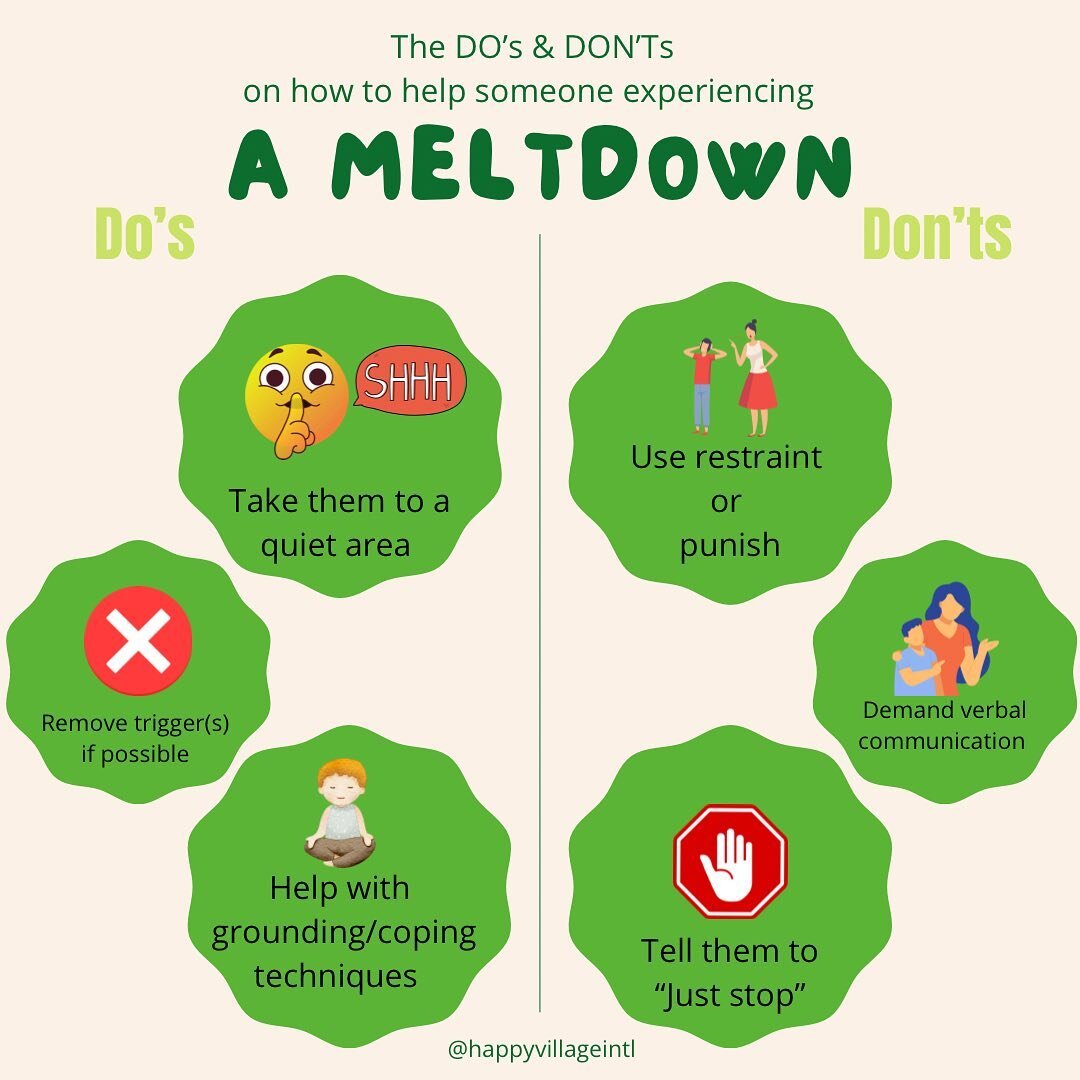 #HAVIFunfriday 

Here are some of the DO&rsquo;s &amp; DON&rsquo;Ts for when it comes to helping out someone who may be experiencing meltdown! 

Meltdowns can occur randomly &amp; spontaneously, and not always in the event of sensory overload. 

Know