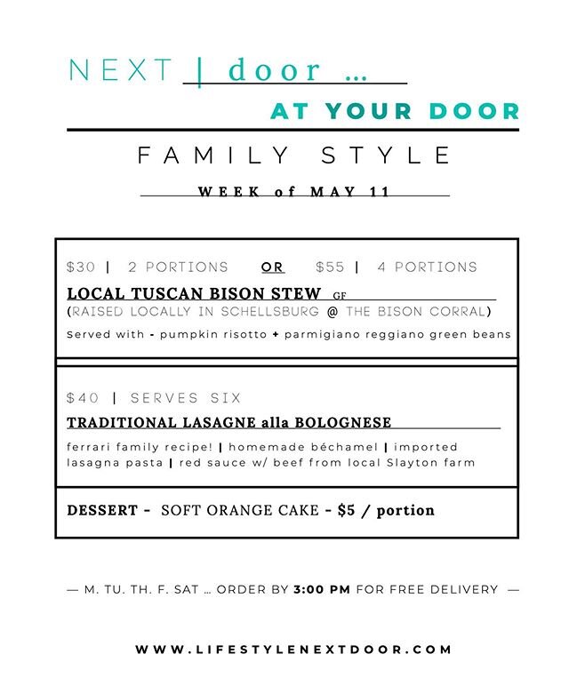 Here at Next Door, we love keeping it as local as possible! // We&rsquo;ve teamed up with local bison farmer, Ann Darrow at the Bison Corral to provide this weeks recipe... a DELISH Tuscan bison stew, dreamed up by Chef Stefano // /
/
We hope you enj