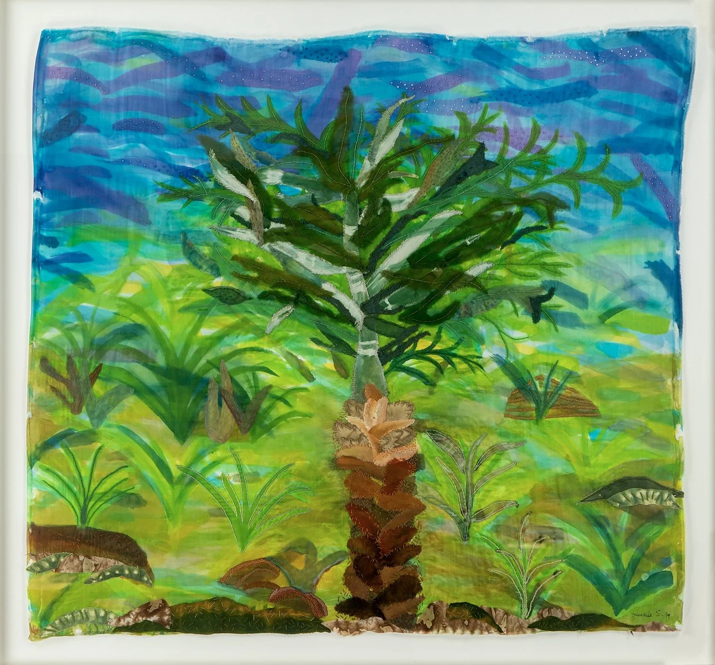  Maria Lucia Simonsen, Sem título, 2018. Pintura e bordado de tecidos sobre seda, 94 x 86 cm 