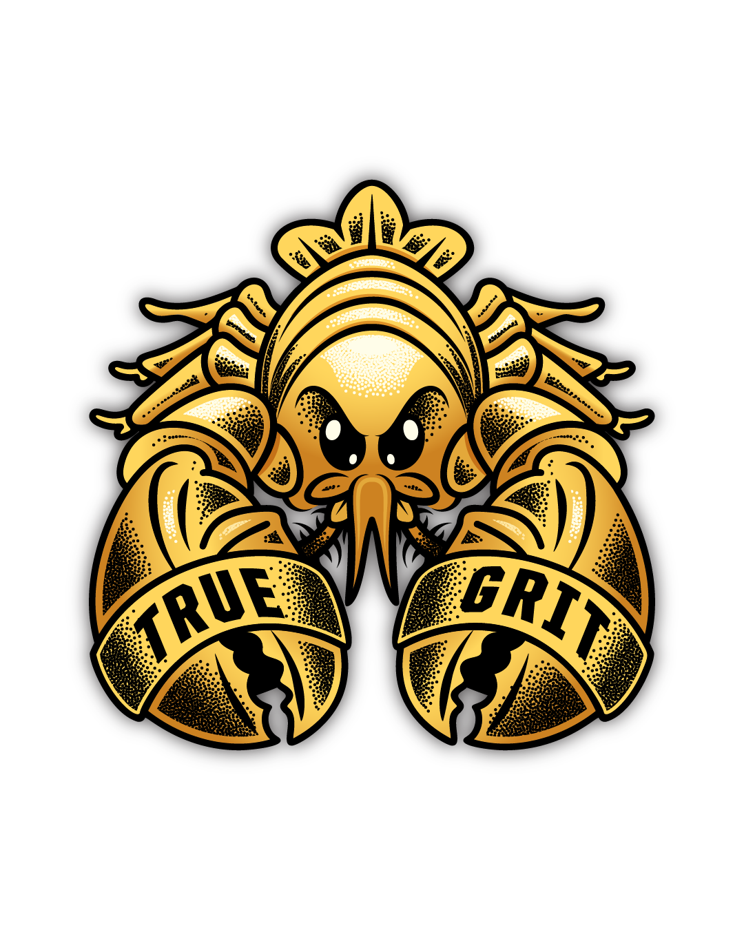 Gold lobster illustration with True Grit lettering for a mystery PVC art magnet