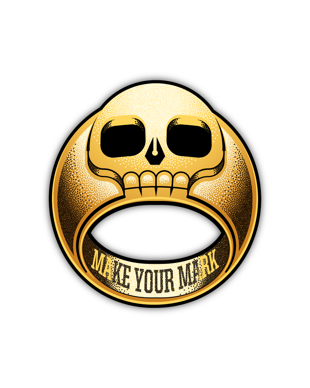 Gold skull ring illustration with Make Your Mark lettering for a mystery PVC art magnet