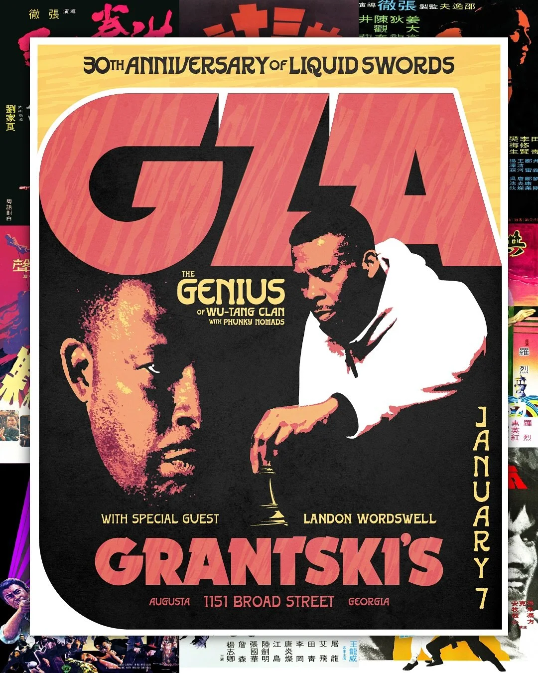 LIQUID SWORDS Art for @therealgza show at @grantskirecords. Pulled inspiration from vintage Shaw Brothers posters for this one. The printed poster didn&rsquo;t move past the concept stage but it was a fun one to push.  #LiquidSwords #GZA #WuTangClan 