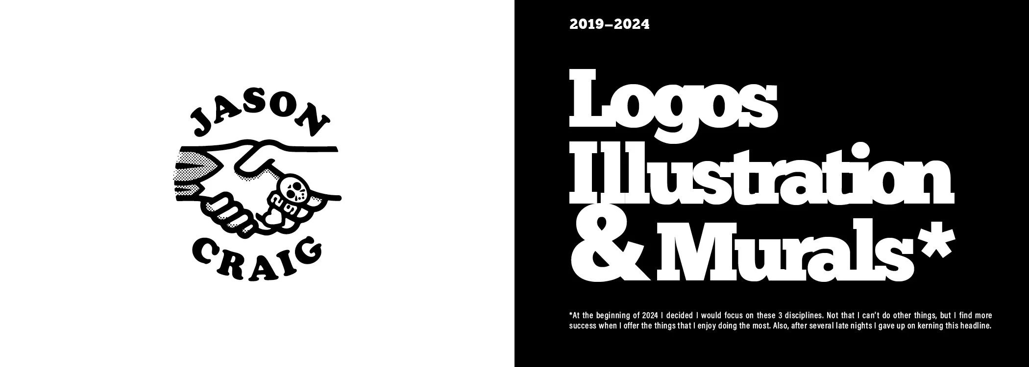 Opening spread of Jason Craig’s 2019–2024 anniversary book, titled Logos, Illustration & Murals