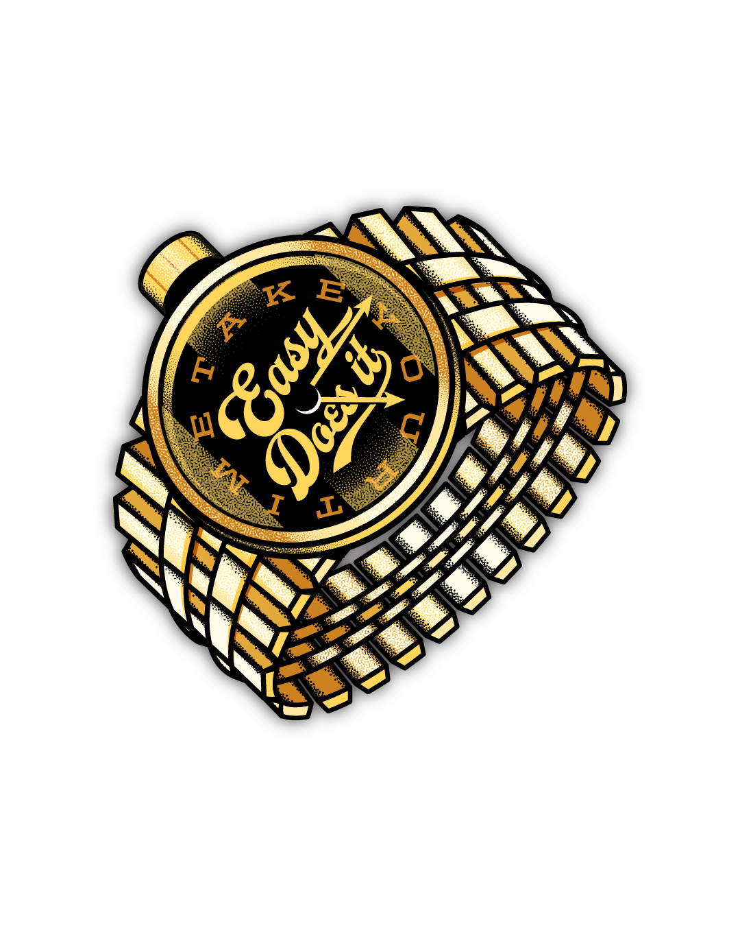 Gold wristwatch illustration with Easy Does It lettering for a mystery PVC art magnet