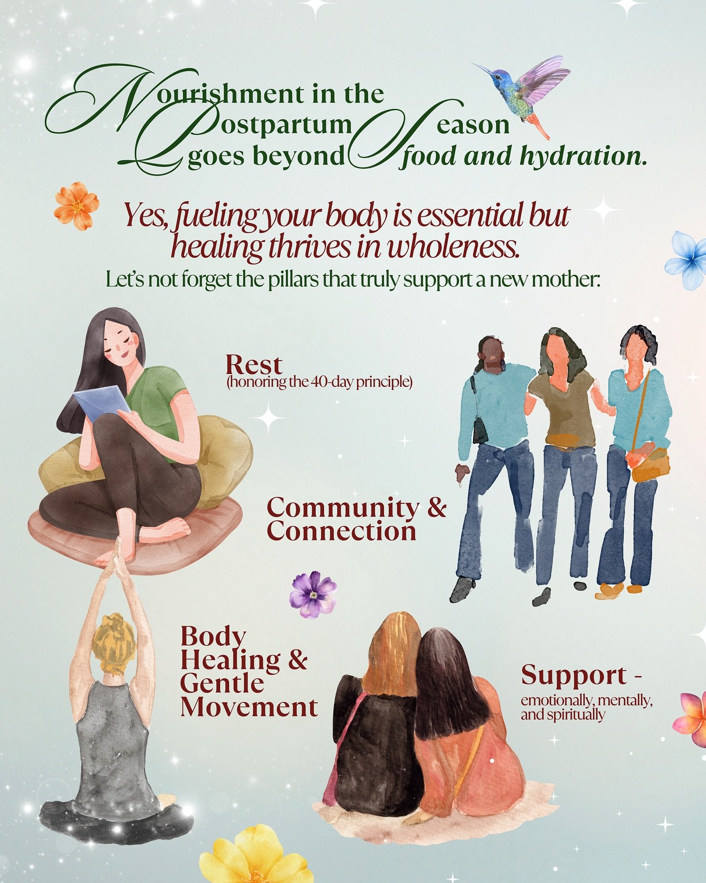 Nourishment in the postpartum season is more than just food and water, it&rsquo;s the warm embrace of a village, the quiet support of helping hands, the reassuring presence of those who show up without being asked. 

As a new mother finds her rhythm 