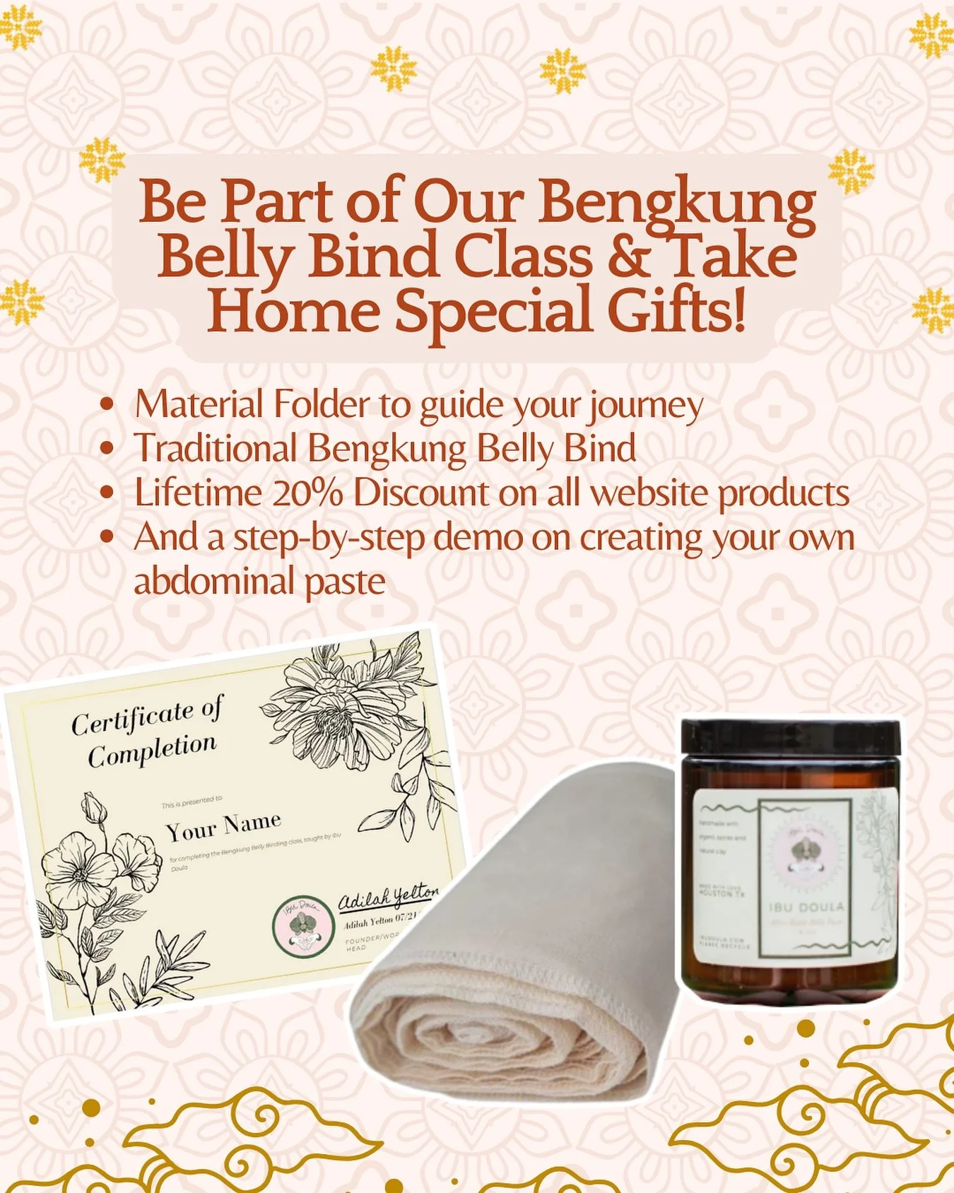 If I say this class is jam-packed, I mean it - no exaggeration here! 
You’ll go home not just with the knowledge of Bengkung Belly Binding, but also with thoughtful freebies to make your journey even more special. Spots are open for November 2