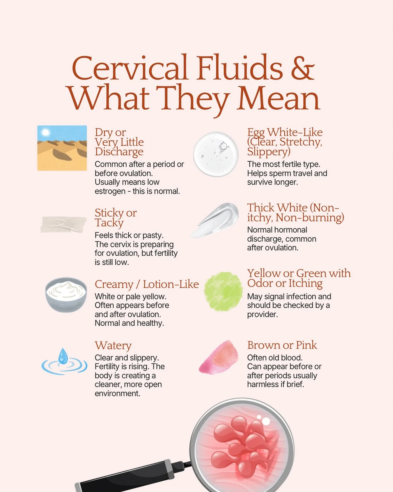 Do you know what your cervical fluid means? Clear and stretchy, creamy, watery, or sticky - each one has a purpose. Learning to recognize these signs can help you better understand your fertility, your cycle, and your overall reproductive health. Thi