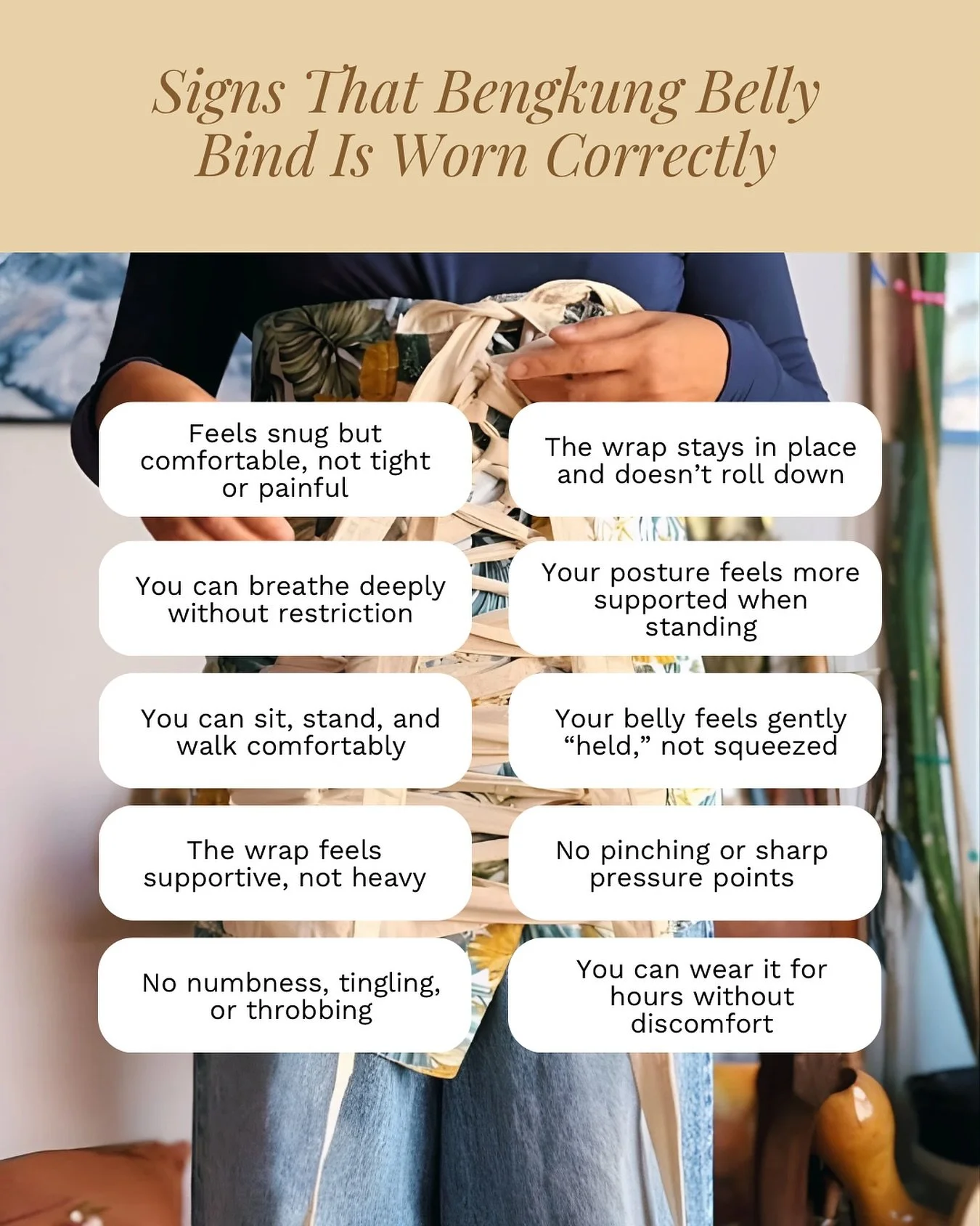 Wearing your Bengkung belly bind correctly makes all the difference 🍃
It should feel snug, supportive, and grounding - never uncomfortable.

Swipe through our checklist and see if yours checks all the boxes.
Bengkung belly binds are available on our