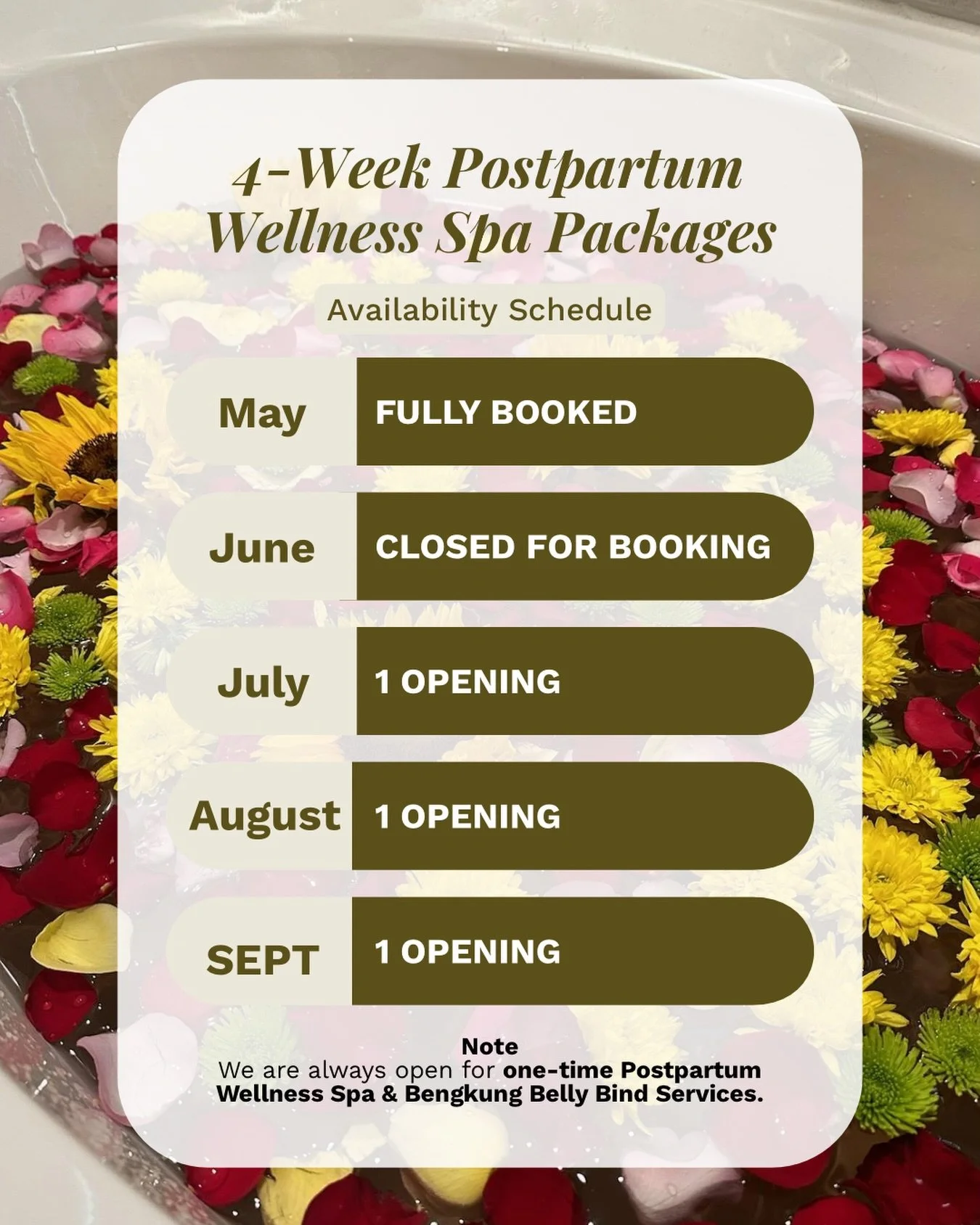 Here are our updated Postpartum Wellness Spa openings for the coming months.✨🍃

Postpartum is a season of adjustment that often goes unspoken, but deeply felt. These wellness sessions are designed to support rest, recovery, and emotional grounding f